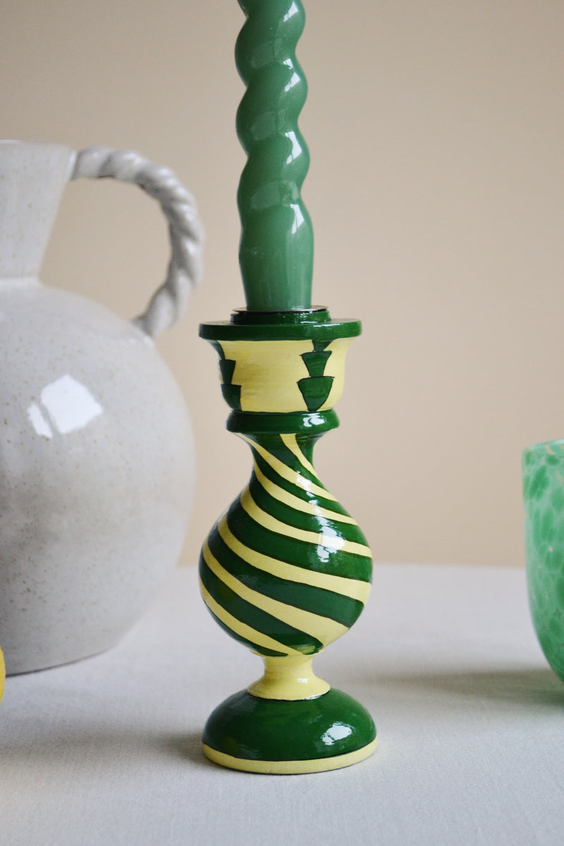 Green Swirl Wooden Candle Holder