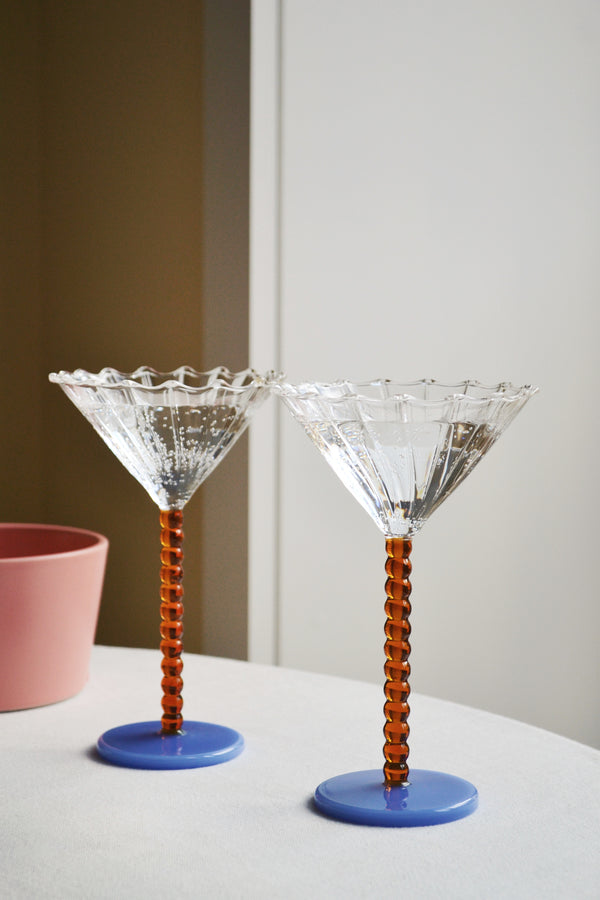 Set of Two Amber and Blue Coupes Glasses