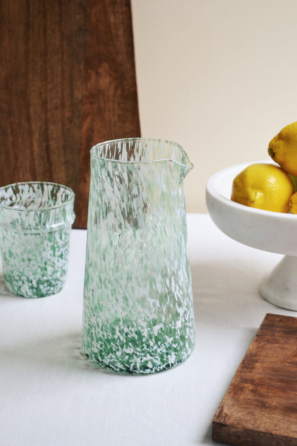 Green and White Speckled Glass Jug