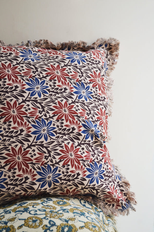 Burnt Red and Blue Floral Printed Cushion