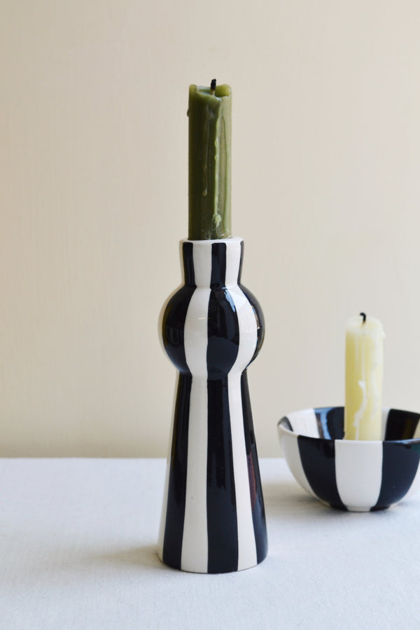 Black and White Striped Stoneware Candlestick Holder