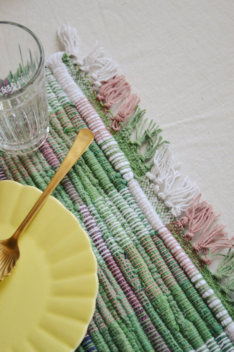 Handwoven Cotton Placemat - Green, Purple & Off White