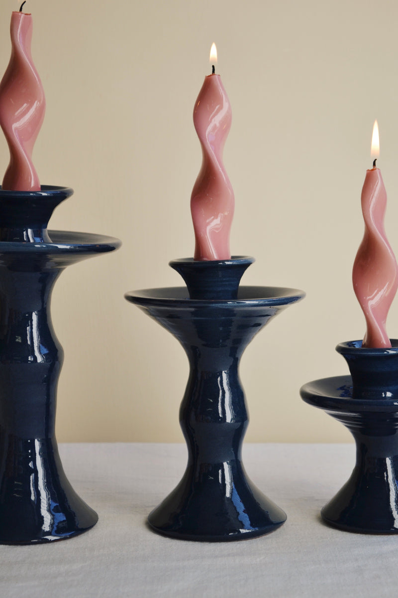 Navy Glazed Candlestick Holder - Three Sizes Available