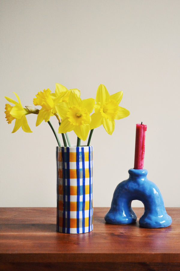 Blue and Orange Check Vase