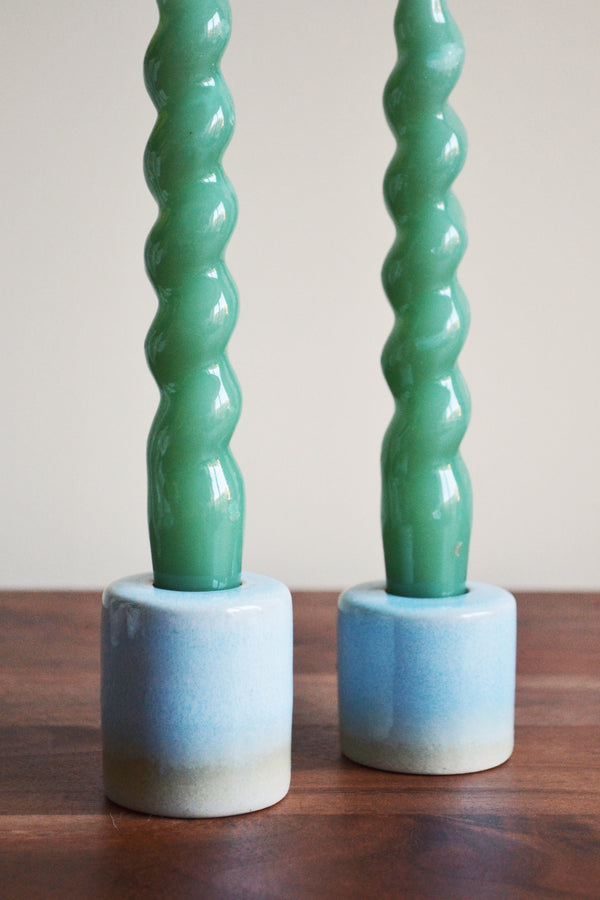 Set of Two Pastel Blue Glazed Candlestick Holders