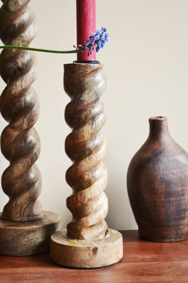 Hand-carved Natural Mango Wood Swirl Candle Holder - Two Sizes Available