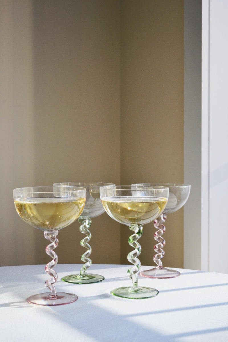 Set of Two Spiral Green Stemmed Coupes