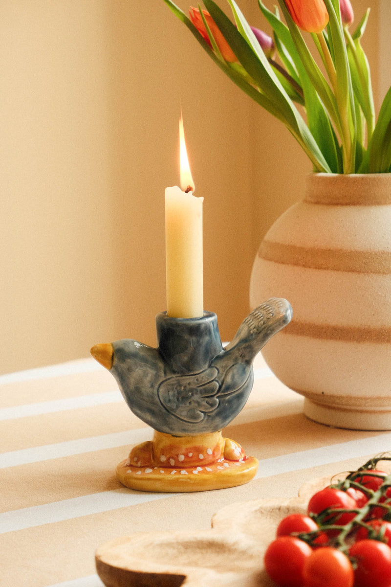 Stoneware Hand Painted Blue Bird Candle Holder