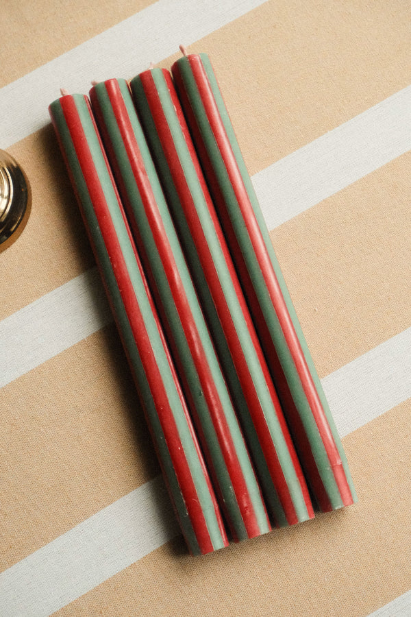 Set of Four Stripe Dinner Candles - Racing Red and Green