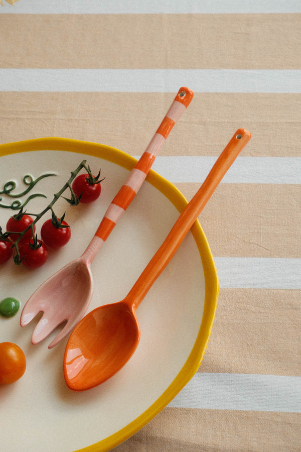 Set of Stoneware Orange Patterned Salad Servers