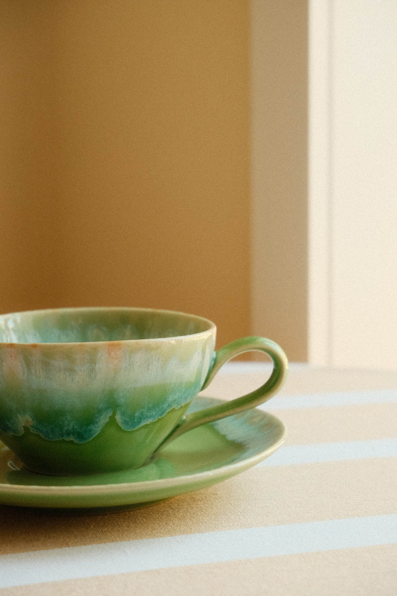 Lime Green Drip Glaze Stoneware Teacup and Saucer