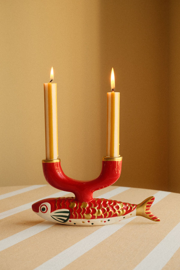Red Ceramic Koi Fish Double Candle Holder