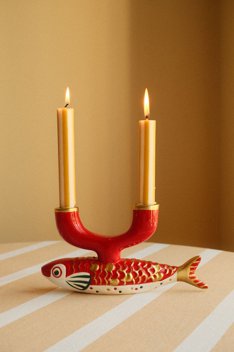 Red Ceramic Koi Fish Double Candle Holder