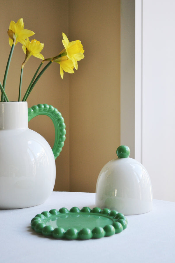 Off White Butter Dish with Green Bobble Plate