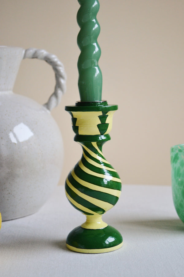 Green Swirl Wooden Candle Holder