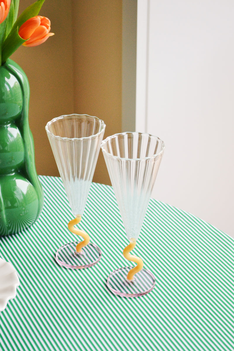 Set of Two Pink and Yellow Curve Flute Glasses