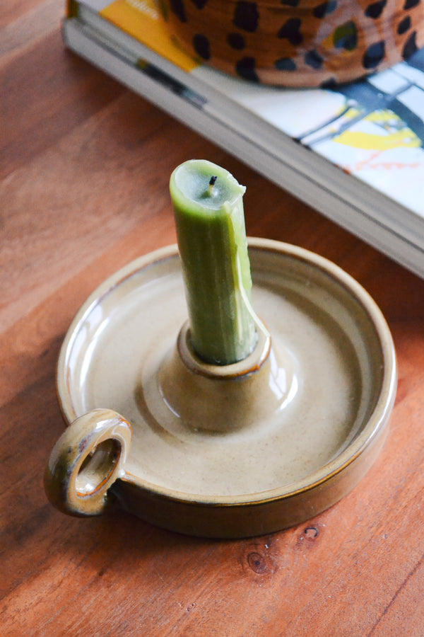 Stoneware Candle Holder with Handle - Beige