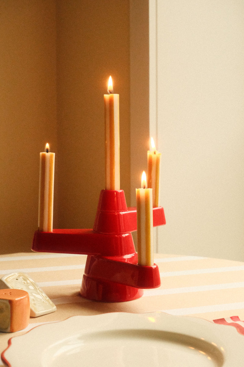 Bright Red Glazed Ceramic Candle Holder