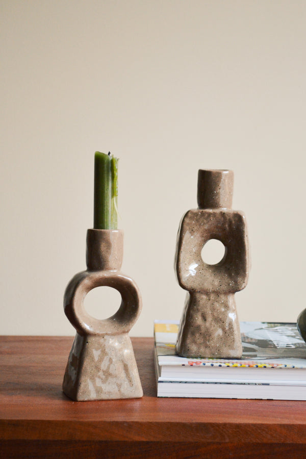 Dark Beige Stoneware Candle Holder - Two Styles Available