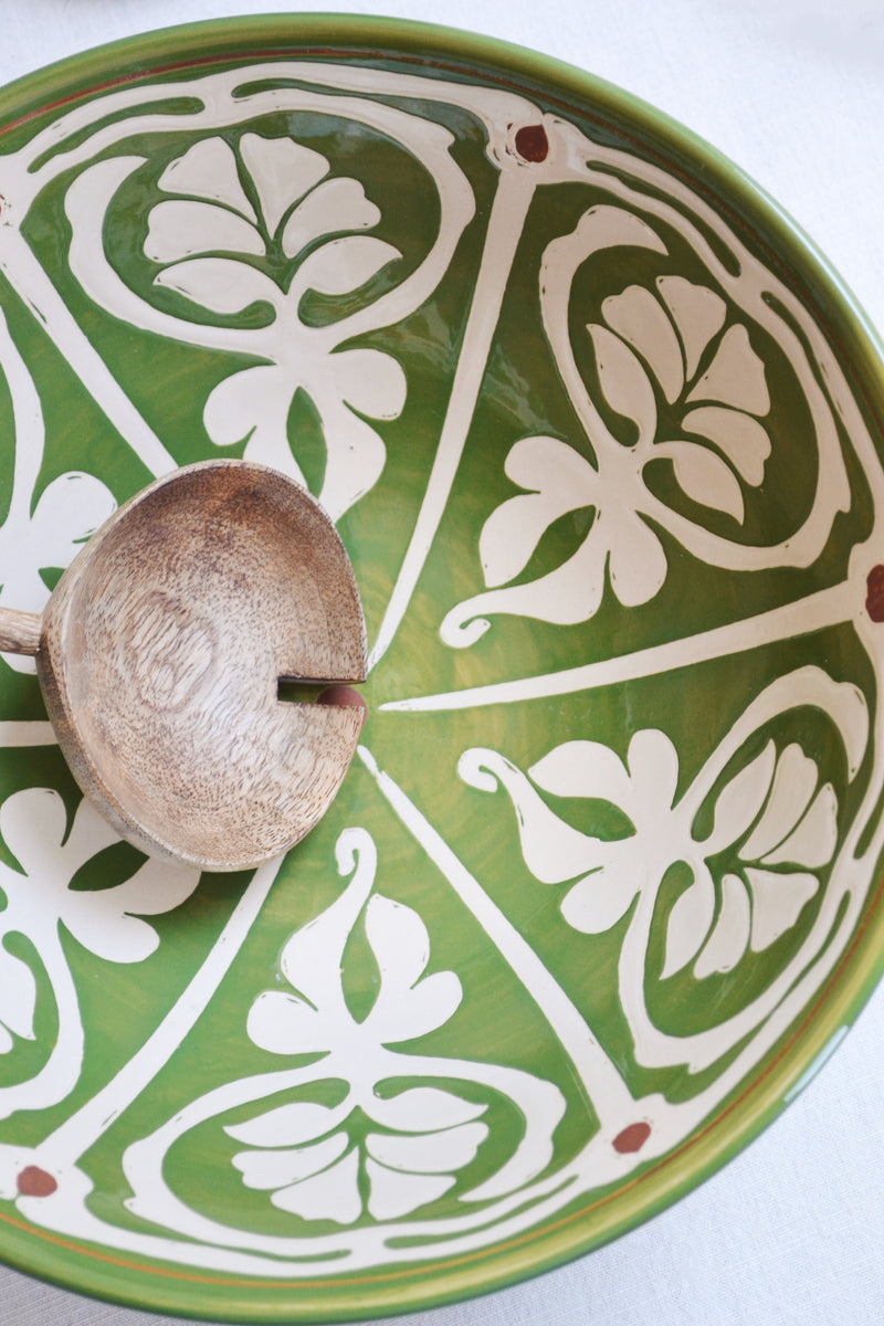 Green Stoneware Hand-painted Serving Bowl