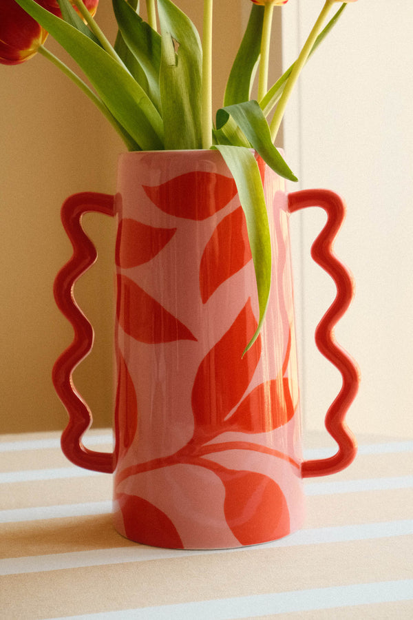 Pink and Red Leaves Wavy Statement Vase