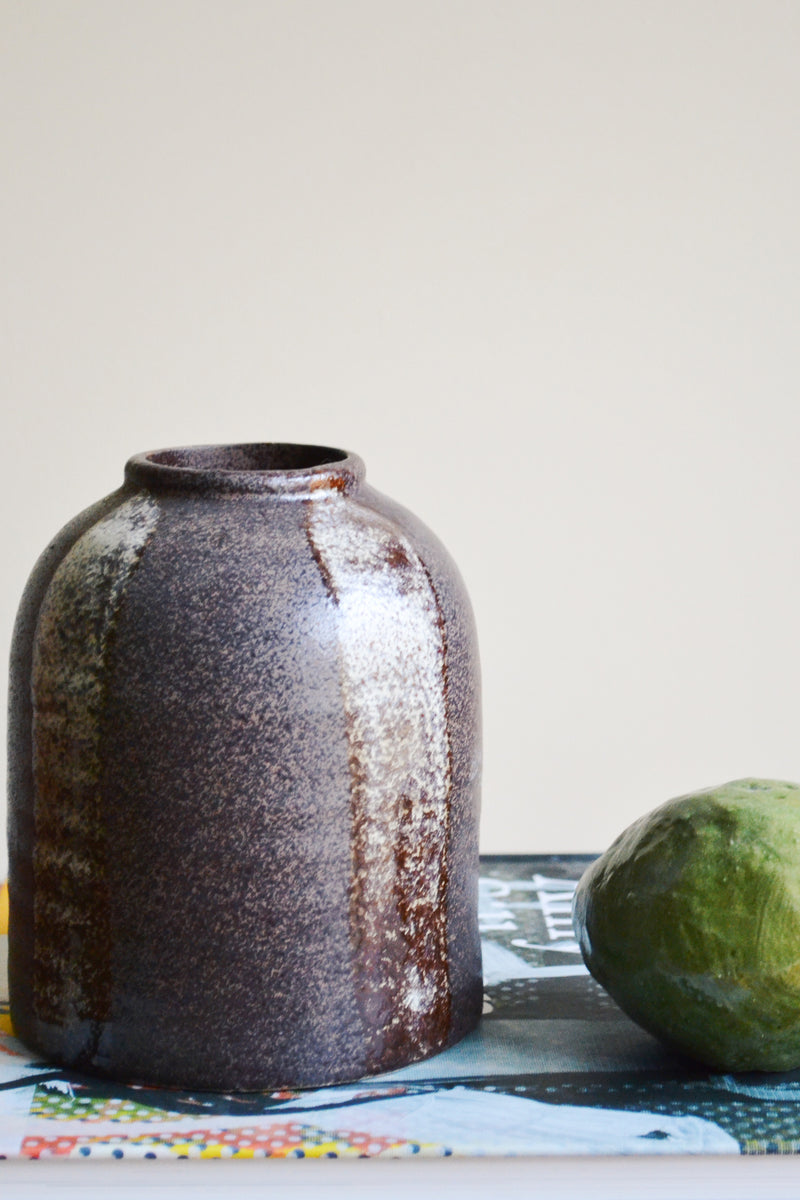 Dark Brown Striped Stoneware Vase