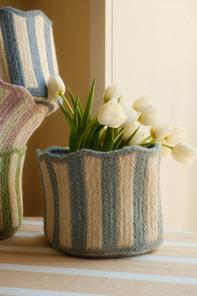 Scalloped Braided Striped Jute Basket - Four Colours Available