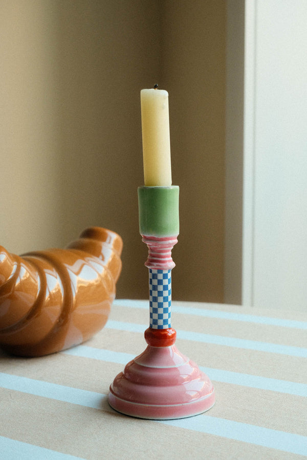 Pink and Green Enamel Candlestick Holder