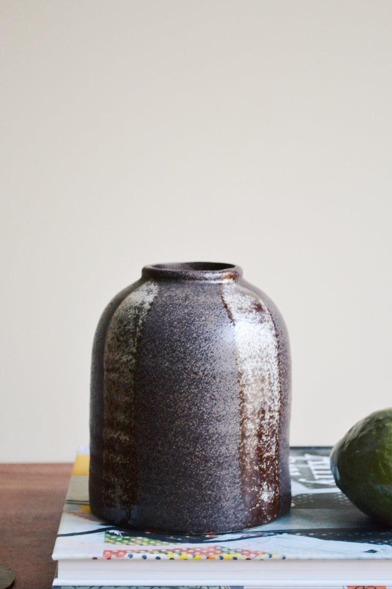 Dark Brown Striped Stoneware Vase