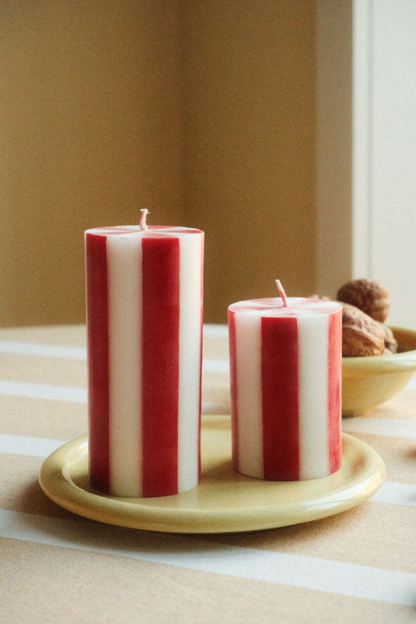 Red and White Stripe Pillar Candle - Two Sizes Available
