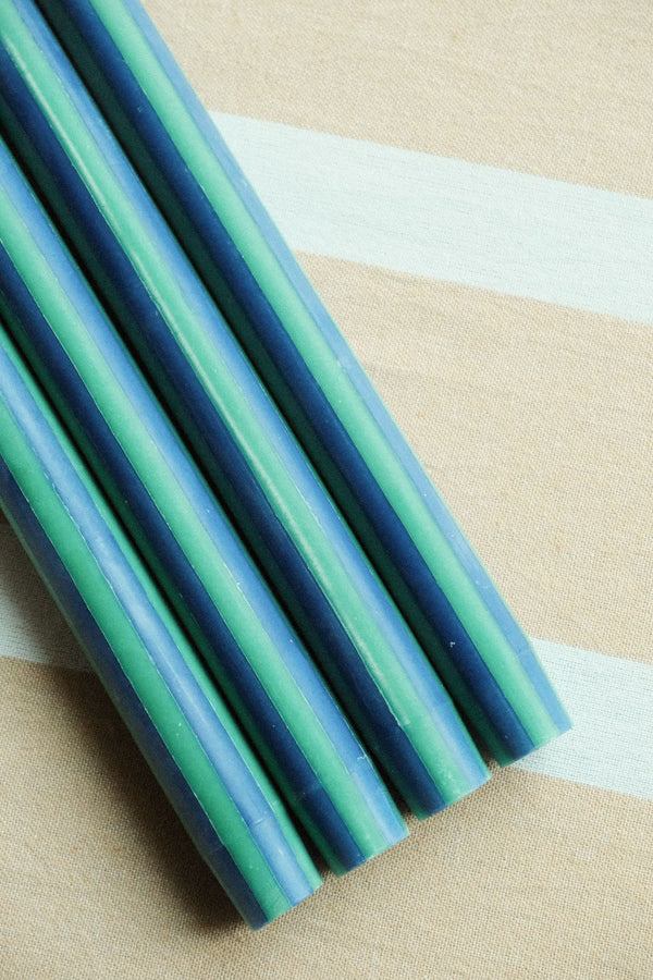 Set of Four Stripe Dinner Candles - Midnight Blue and Teal