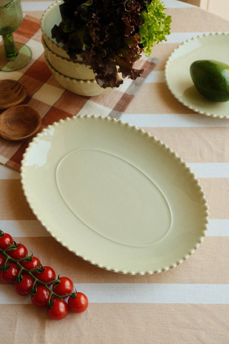 Stoneware Hay Yellow Green Bobble Oval Serving Platter
