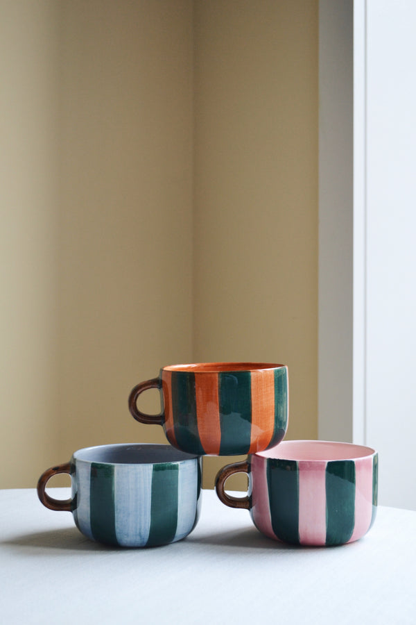Striped Cappuccino Mug with Leopard Handle - Three Colours Available