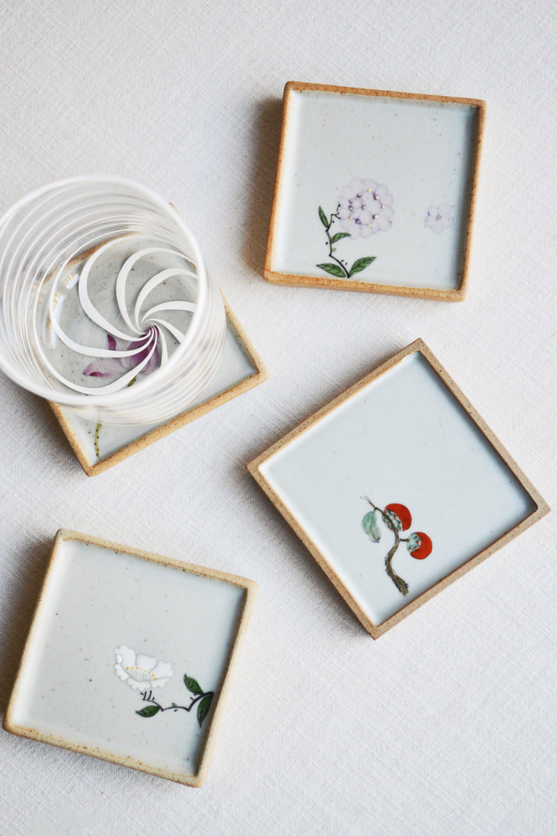 Hand Painted Ceramic Floral Coasters - Four Styles Available