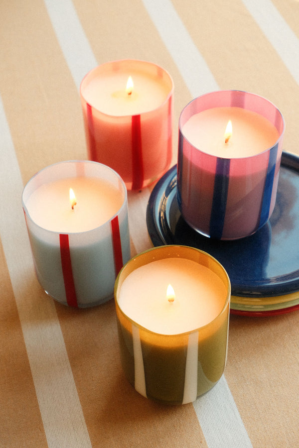 Atina Glass Stripe Blue and Red Scented Candle - Tomato and Mint Leaf