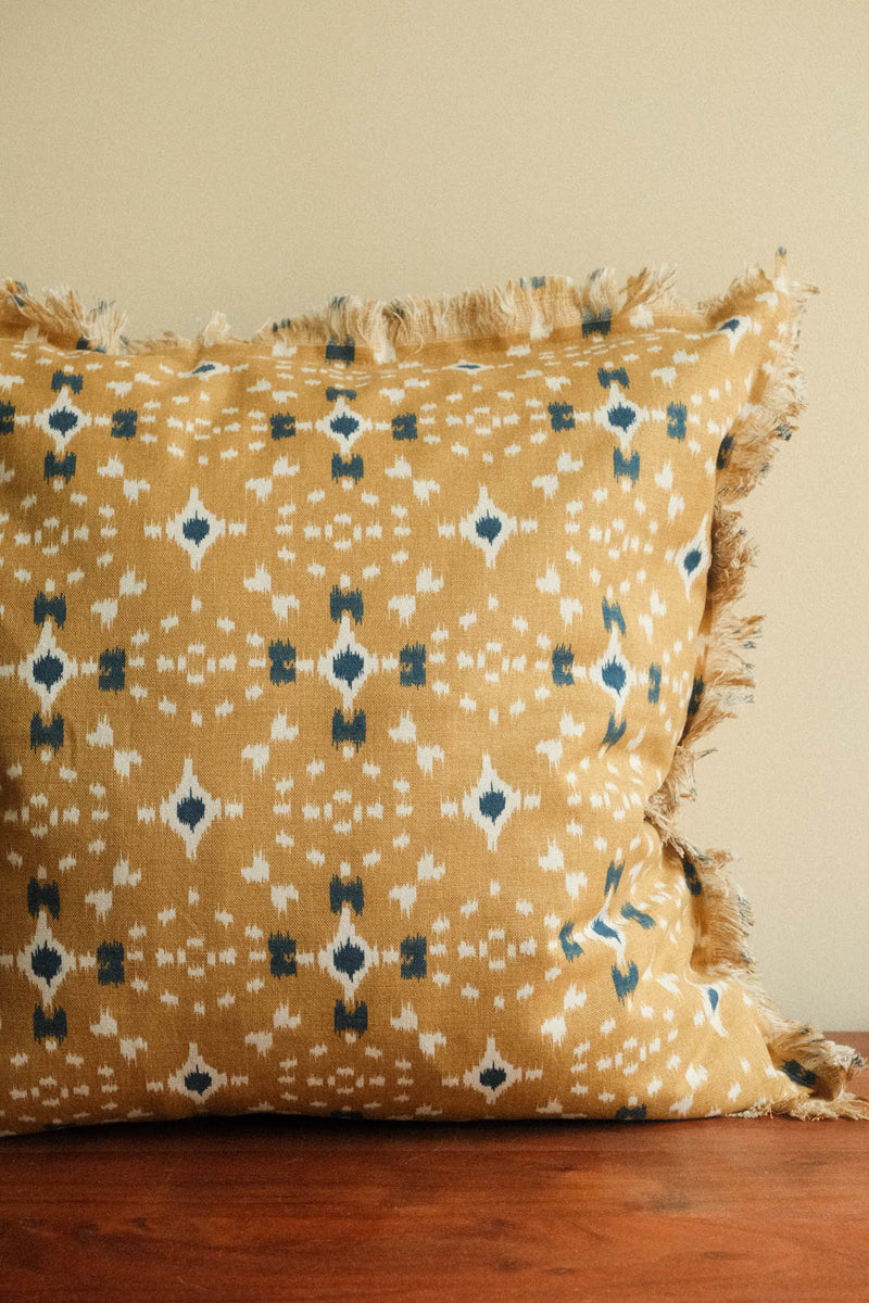 Mustard, Off White and Dark Blue Printed Cushion