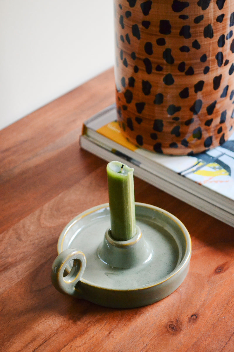 Stoneware Candle Holder with Handle - Green