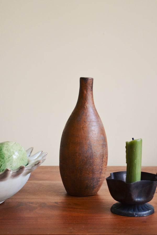 Aged Rustic Terracotta Long Neck Vase - Brown