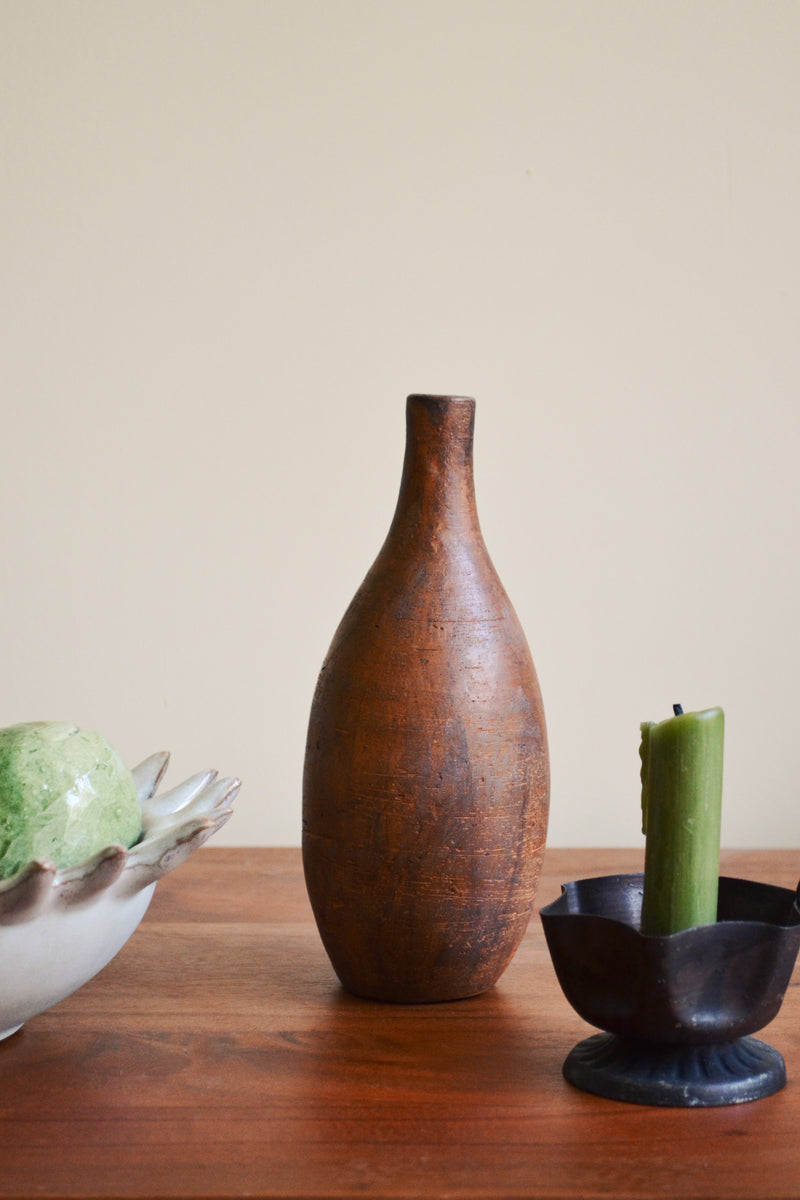 Aged Rustic Terracotta Long Neck Vase - Brown
