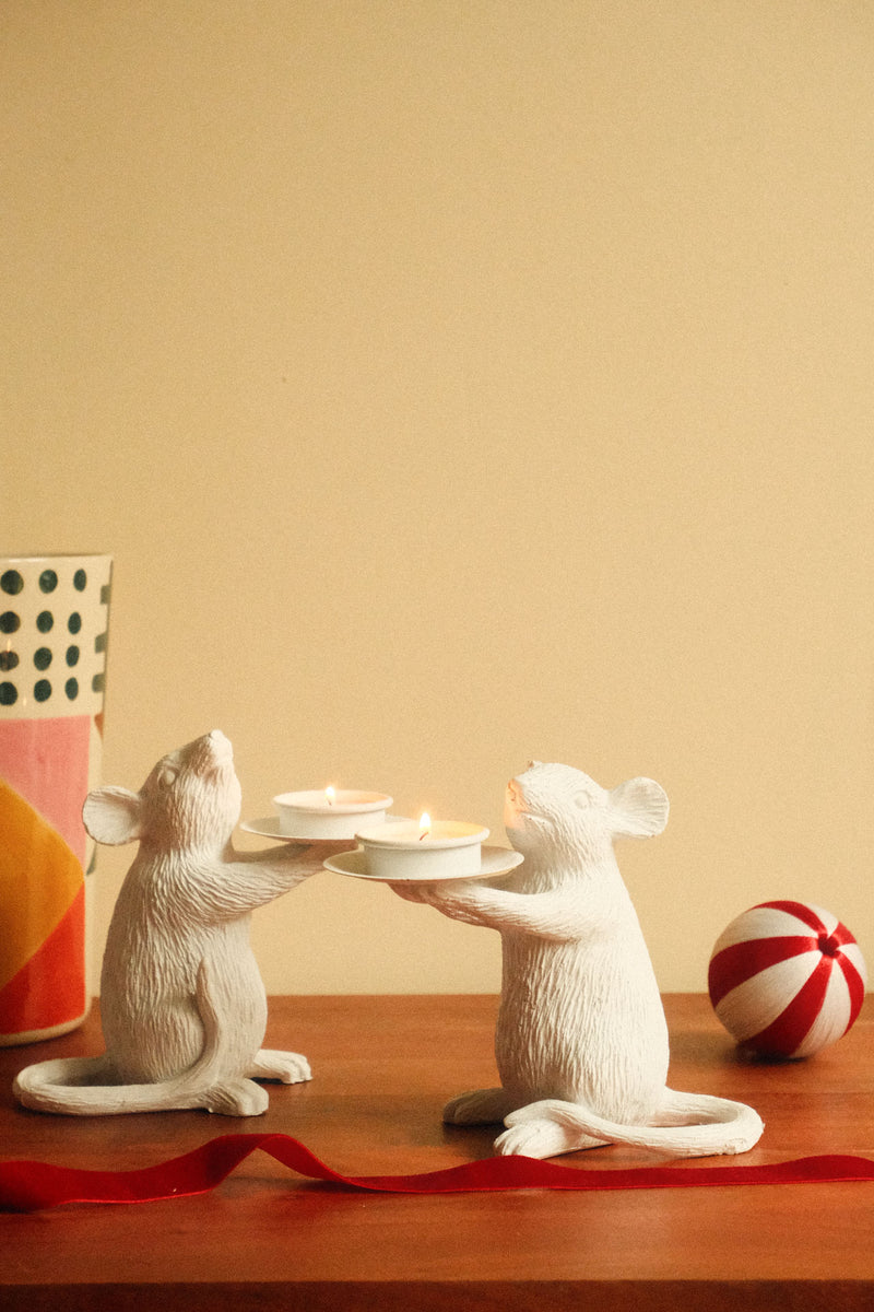 Milo And Mallow Pair of White Mouse Tea Light Holders
