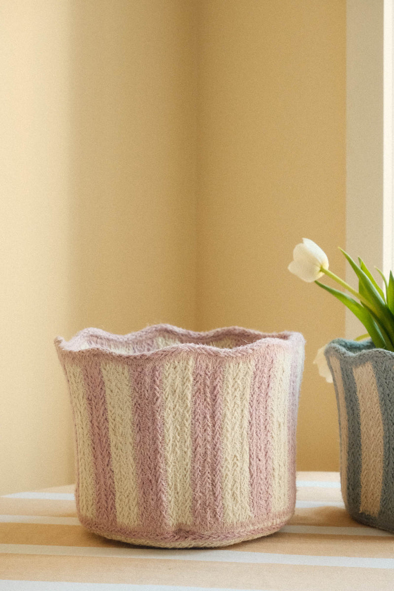 Scalloped Braided Striped Jute Basket - Four Colours Available