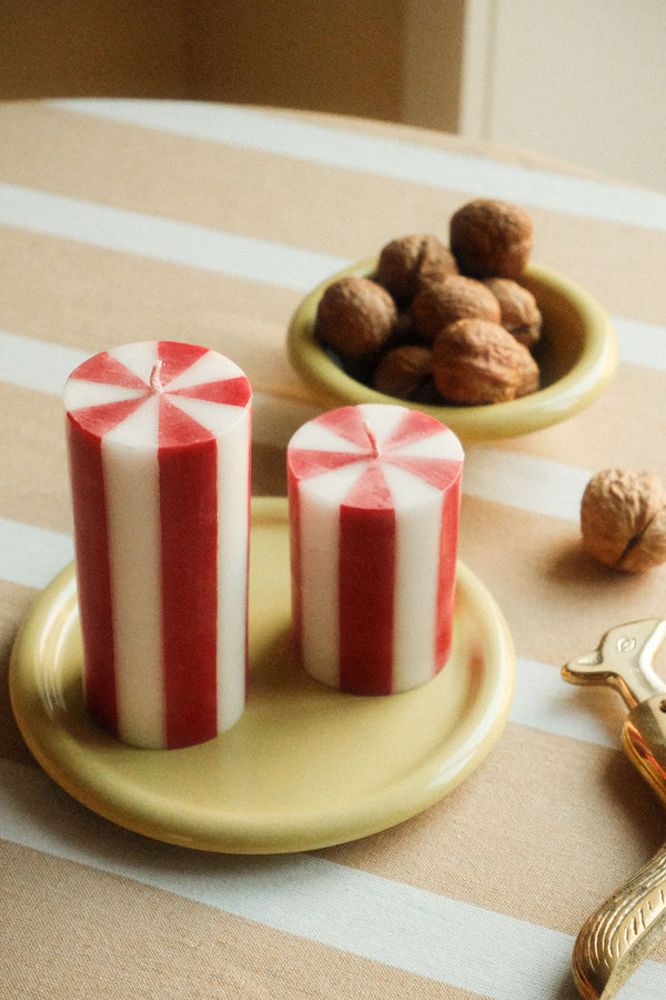 Red and White Stripe Pillar Candle - Two Sizes Available