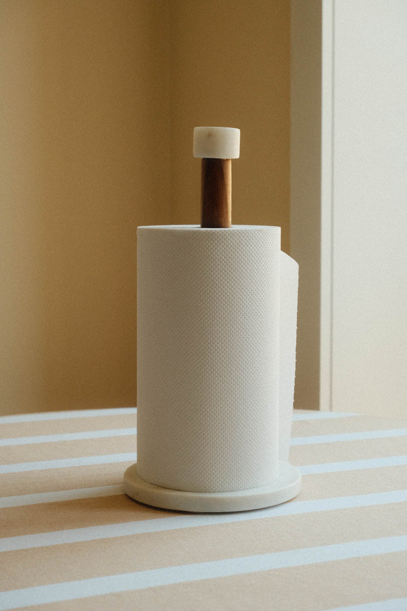 White Marble and Acacia Wood Kitchen Roll Holder