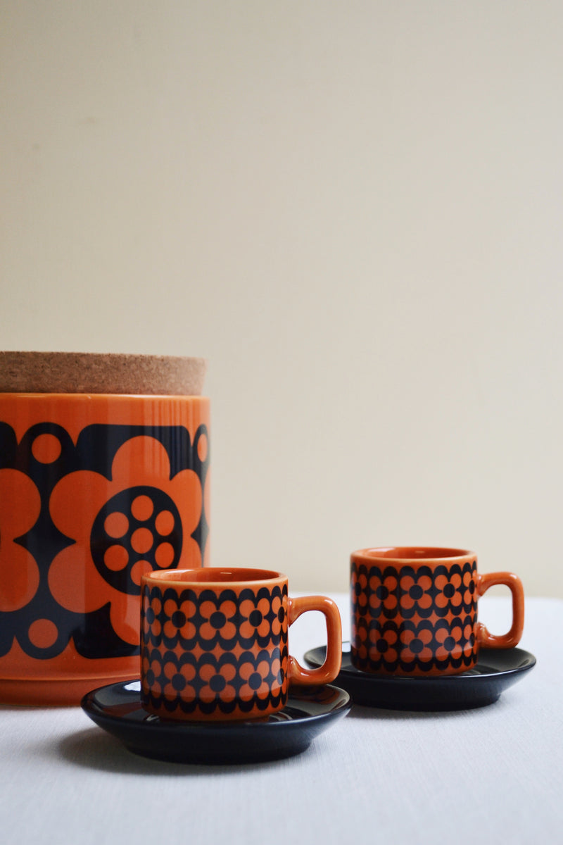 Set of Two Orange Espresso Mugs - Repeat Flower