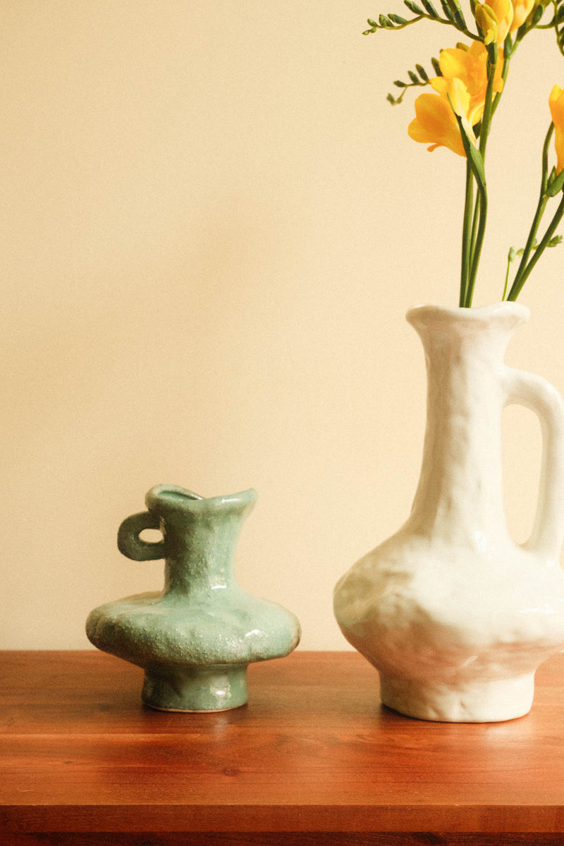Small Green Sculptural Vase with Handles