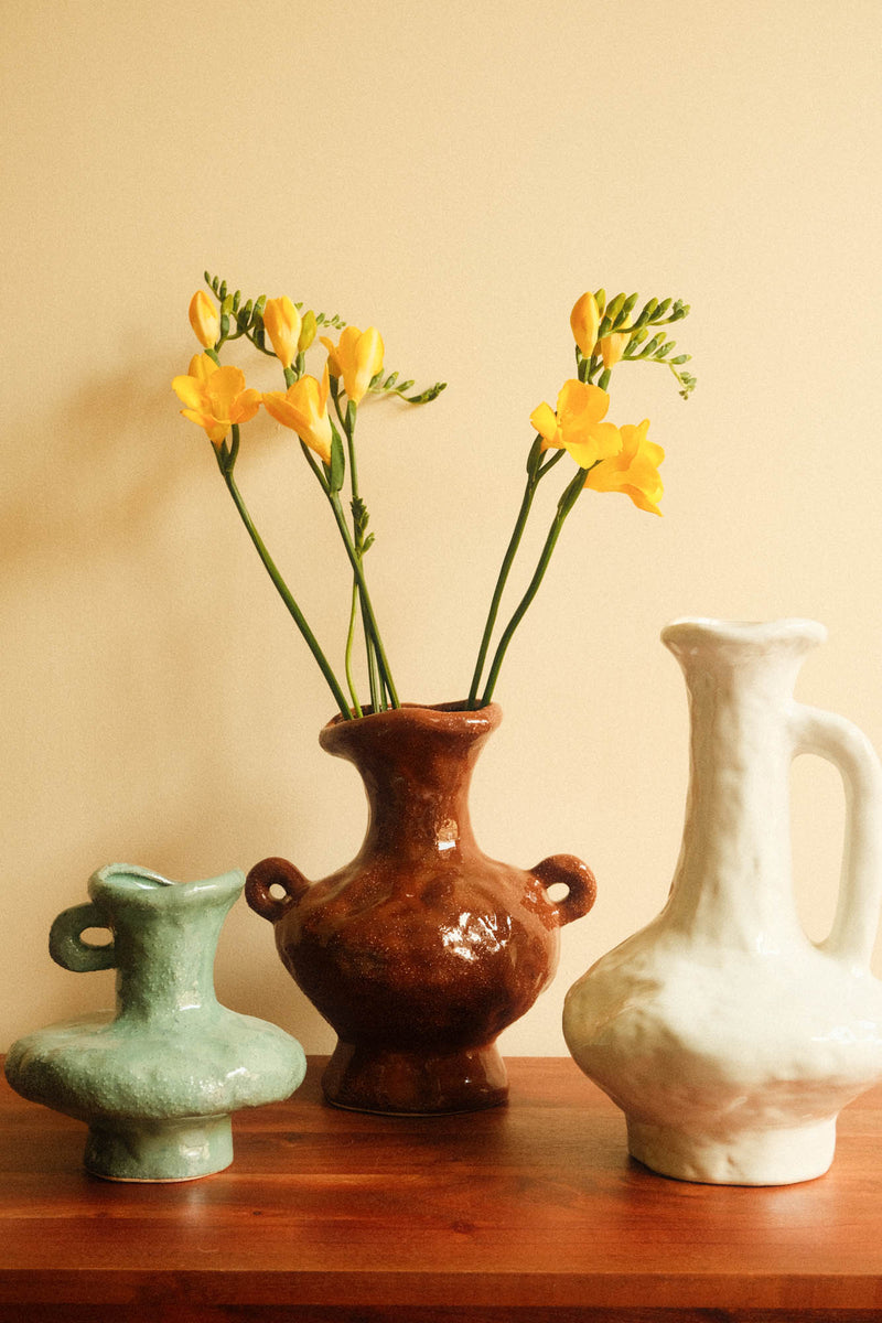 Small Green Sculptural Vase with Handles
