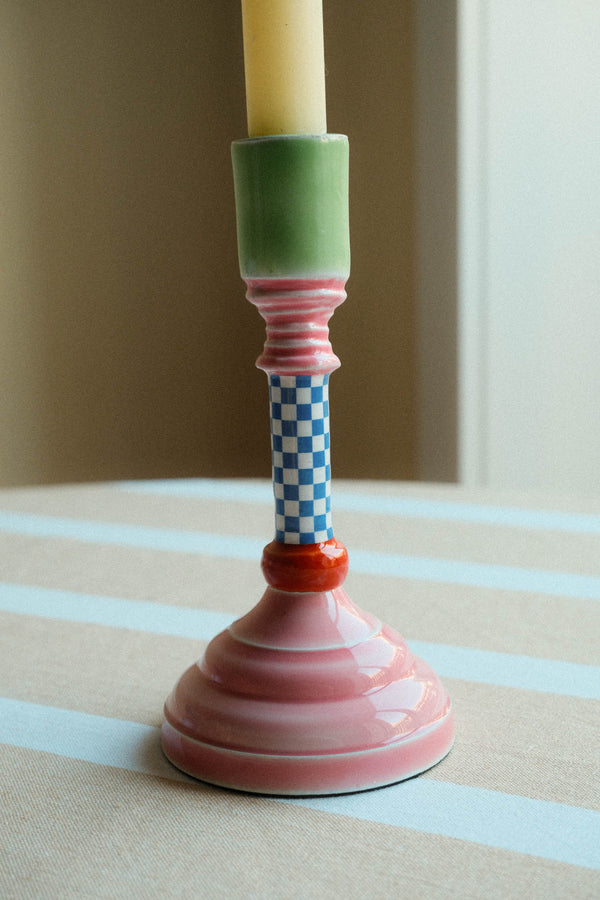 Pink and Green Enamel Candlestick Holder