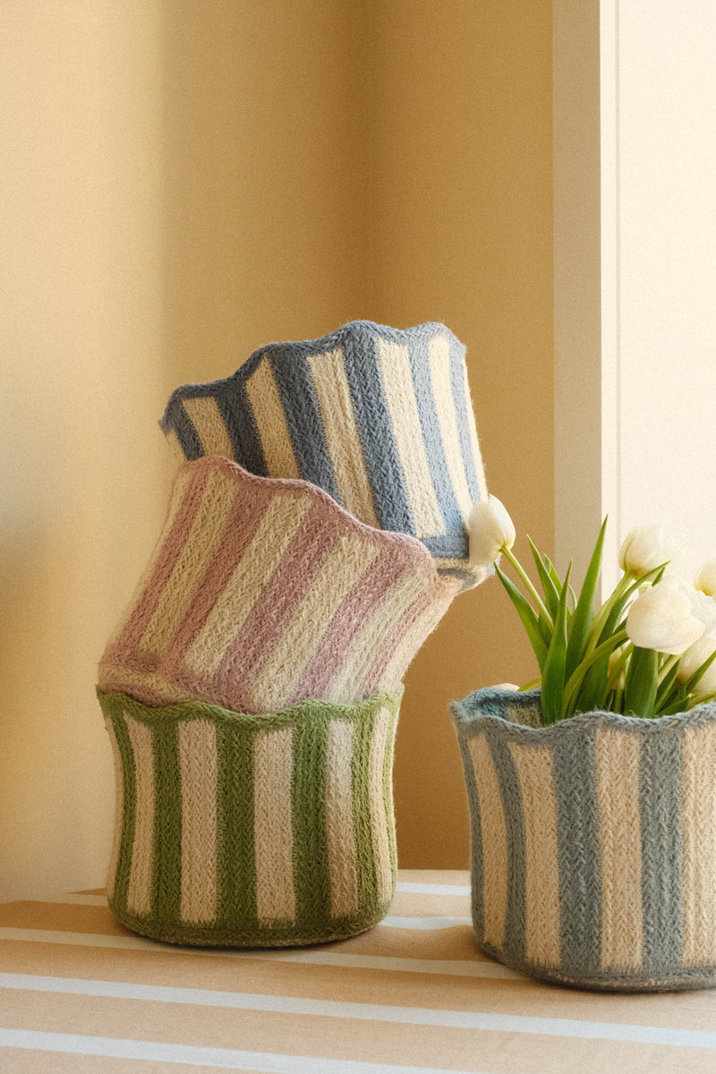Scalloped Braided Striped Jute Basket - Four Colours Available