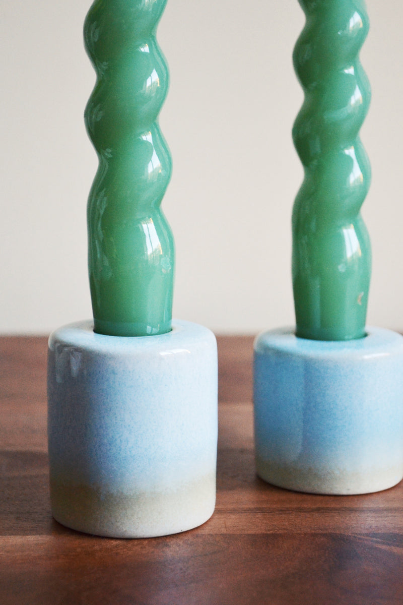 Set of Two Pastel Blue Glazed Candlestick Holders