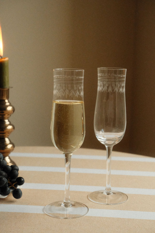 Set of Two Vintage Etched Champagne Glasses - Clear